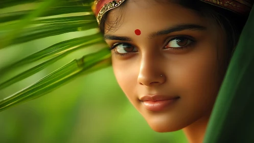 Optically precise portrait framed by tropical foliage geometry.