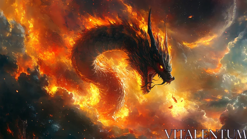 Solar storm dragon coils through burning nebula skies.