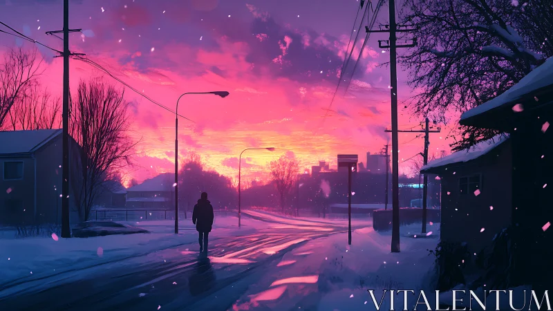 Snowy suburban street under magenta-pink volumetric sunset sky