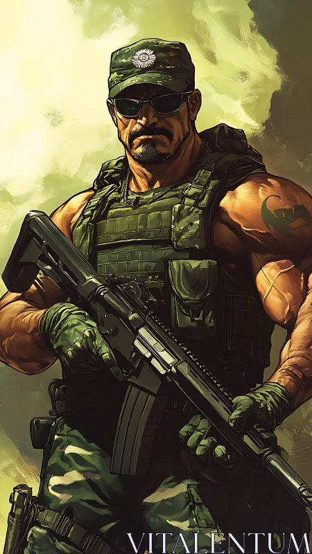 Tactical soldier portrait with rifle under dramatic light.