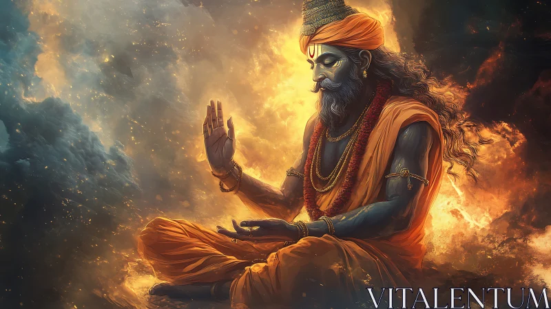 Divine sage in fiery celestial meditation, digital painting.