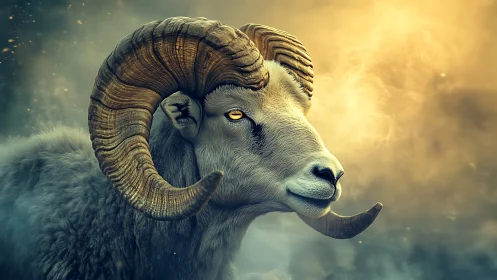 Horned sheep portrait in fog with directional warm light.