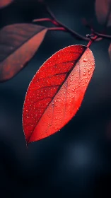 Scarlet raindrop leaf glowing against midnight forest hush.