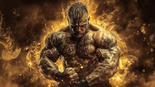 Muscular warrior forged in gold firestorm glow.
