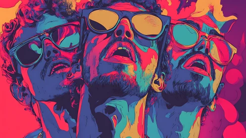 Neon triptych portrait in saturated duotone psychedelic palette.