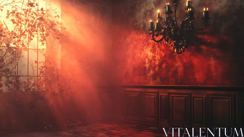 Sunlit red interior dramatized by chandelier and dense haze