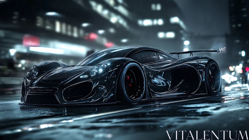 Futuristic black hypercar glides through neon city rainstorm.