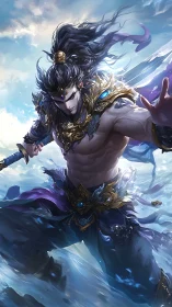 Stormforged sea warrior poised between sky and waves.