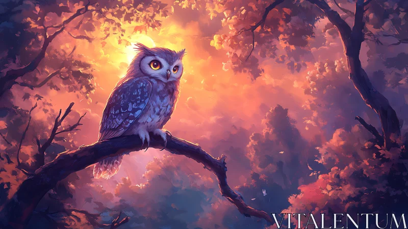 Majestic owl perched on branch at sunset, digital fantasy art.