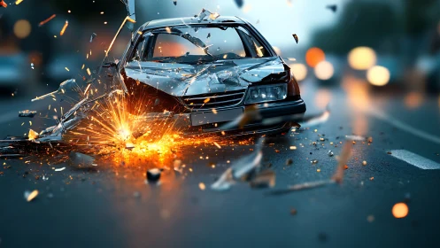 High-speed frontal car impact with dynamic debris and hot sparks