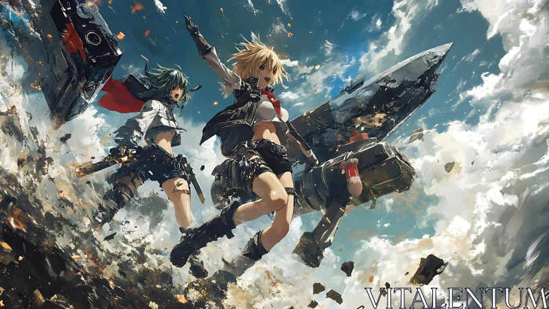 Dynamic anime mecha strike team descending through debris field