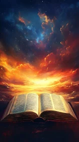 Illuminated open book under radiant cosmic nebula sky