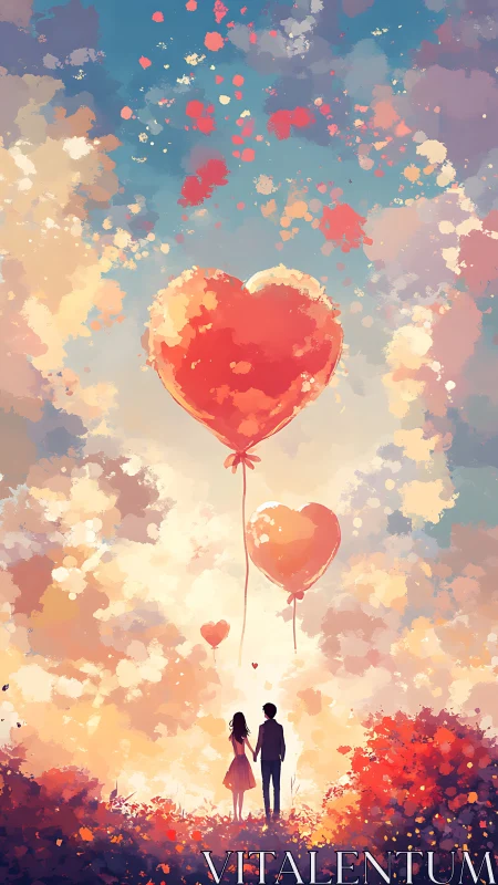 Two Figures Beneath Ascending Heart-Shaped Balloons.