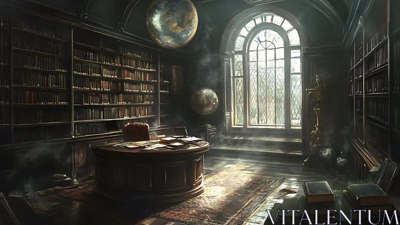 Moonlit scholar’s sanctuary in a dust-lit secret library.