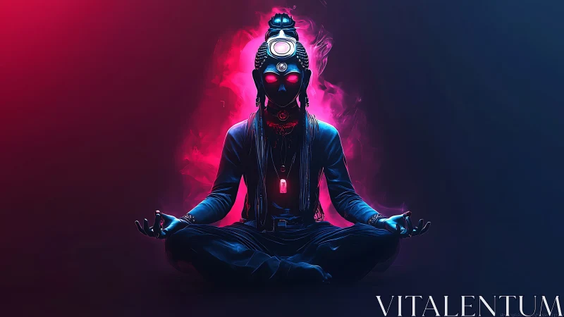 Neon void yogi radiates cybernetic calm in glowing trance.