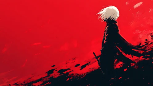 White haired swordsman stands against flat red backdrop