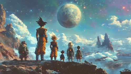 Celestial warriors observing luminous planetary skyline.