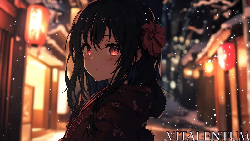 Anime night portrait in snowy lantern-lit street scene.