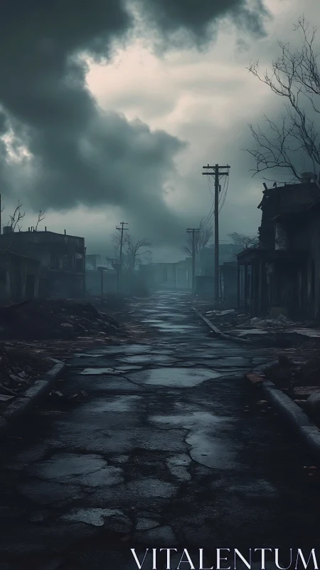 Deserted cracked street under stormy overcast sky.