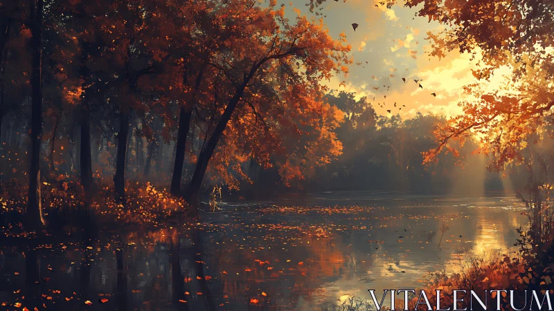 Radiant volumetric light across autumnal riparian canopy.