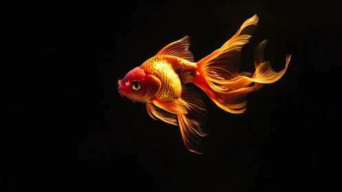 Luminous goldfish comet drifting through velvet-black water.