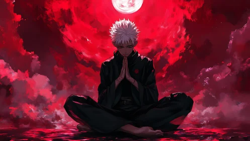 Crimson moon crowns a lone meditator in silent rebellion