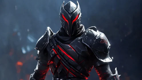 Dark cyber knight stands in glowing red armored silhouette.