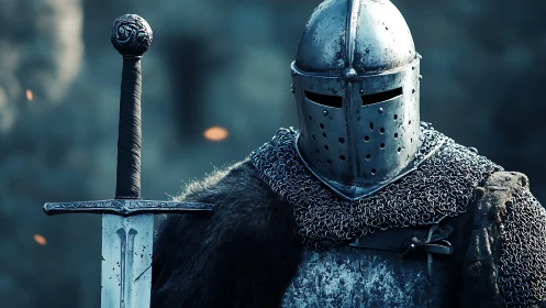 Medieval armored knight with sword in muted blue setting.