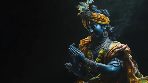 Divine blue figure in ornate garments against deep shadow.