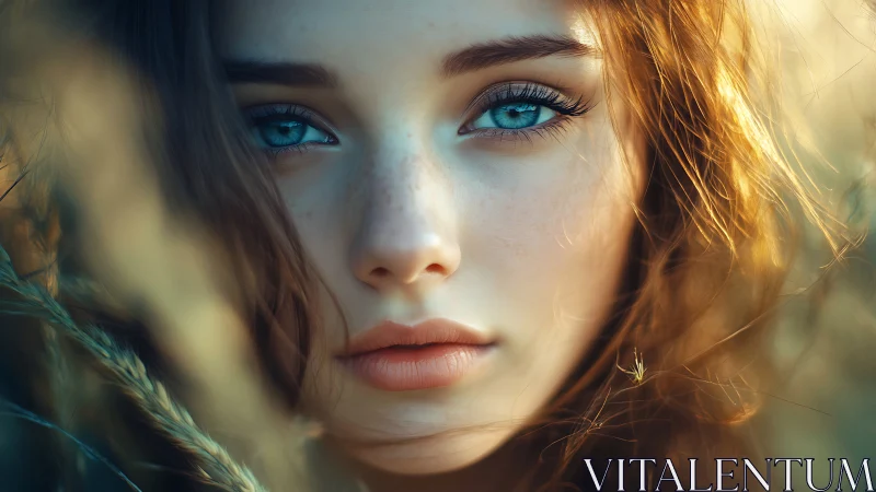 Close frontal portrait of blue-eyed person outdoors.