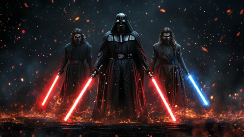 Sith warriors in black armor wield glowing lightsabers.