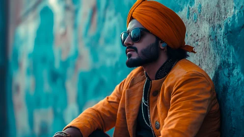 Urban portrait in teal alley with stylish orange turbaned man.