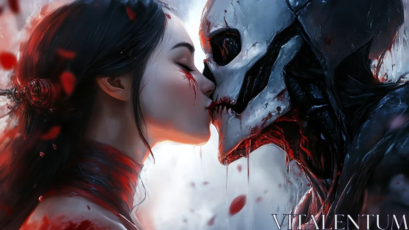 Woman kisses skeletal demon amid bloodred falling petals.