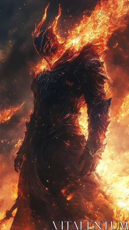 Flaming armored demon figure in dark inferno environment.