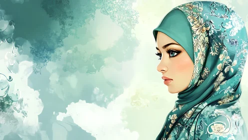 Elegant woman in floral teal hijab, digital art portrait style.