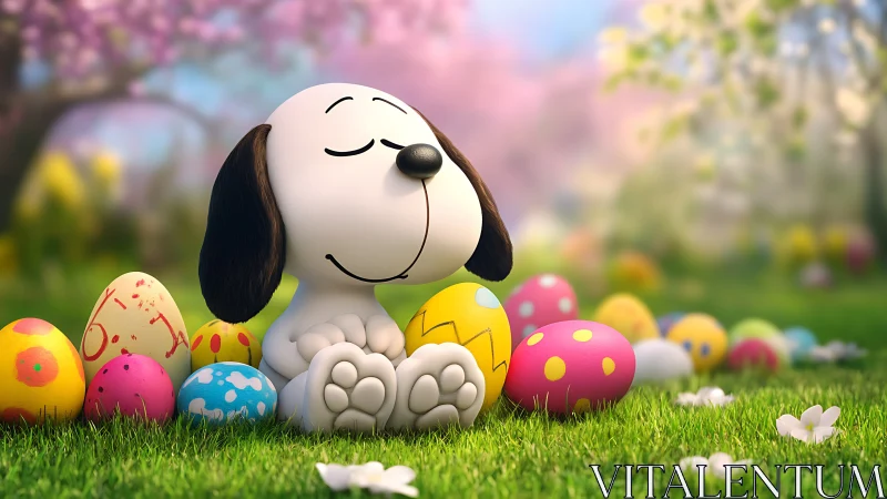 Dreamy cartoon pup basking in a meadow of Easter magic.