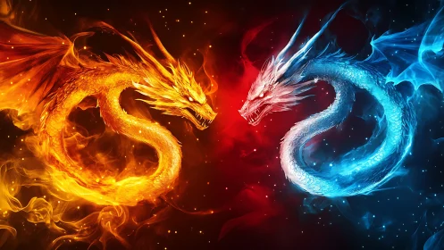 Fire and ice dragon duel in mirrored circular forms.