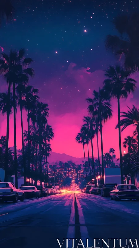 Neon palm-lined boulevard under starry dusk sky.