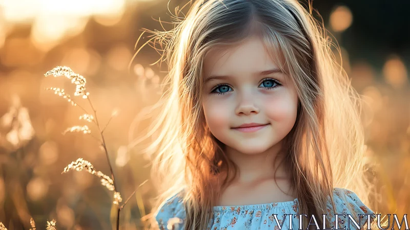 Young Girl in Golden Sunlight with White Wildflowers