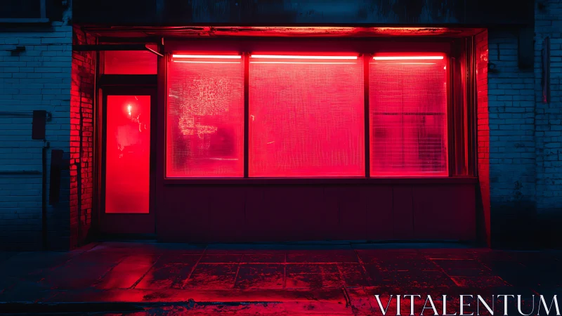 Red neon storefront facade casts saturated light onto wet pavement