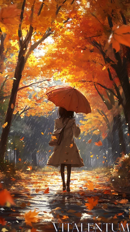 Autumn rainwalk under glowing maple trees and swirling leaves.