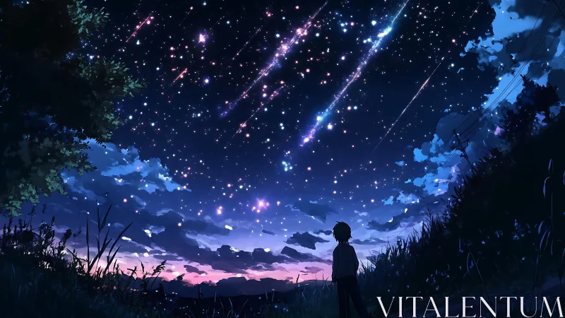 Solitary child observing meteor shower in twilight valley
