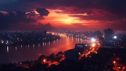 Sunset river city glows gently as night lights gather close