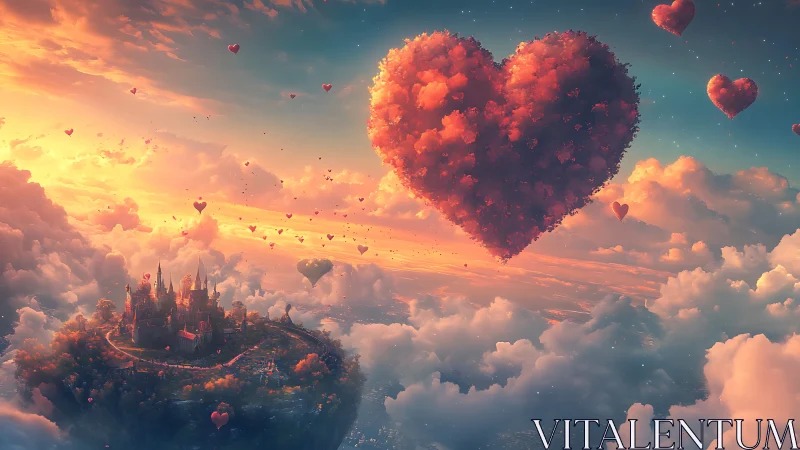 Surreal Fairytale Castle with Massive Crimson Heart Cloud Formation
