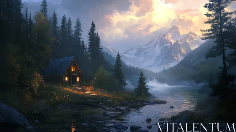 Remote forest cabin by mountain lake at soft sunset light.