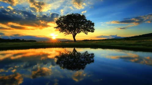 Solitary Tree at Sunset Reflected on Calm Water in Vibrant Colors.