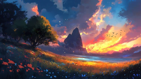 Radiant mountain sunset over luminous wildflower valley.