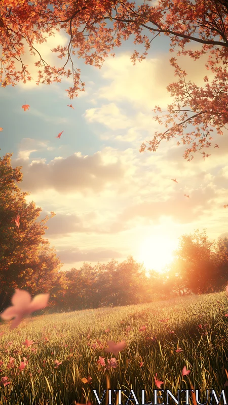 Sunlit meadow with autumn trees and drifting leaves.