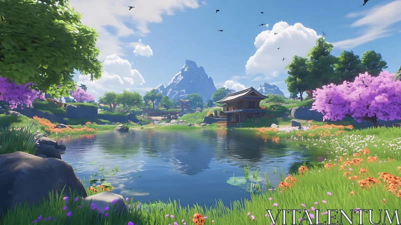 Lakeside blossom retreat beneath storybook mountain skies.