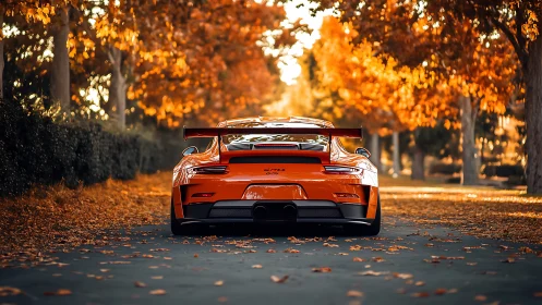 Golden autumn lane welcomes a bold orange sports car